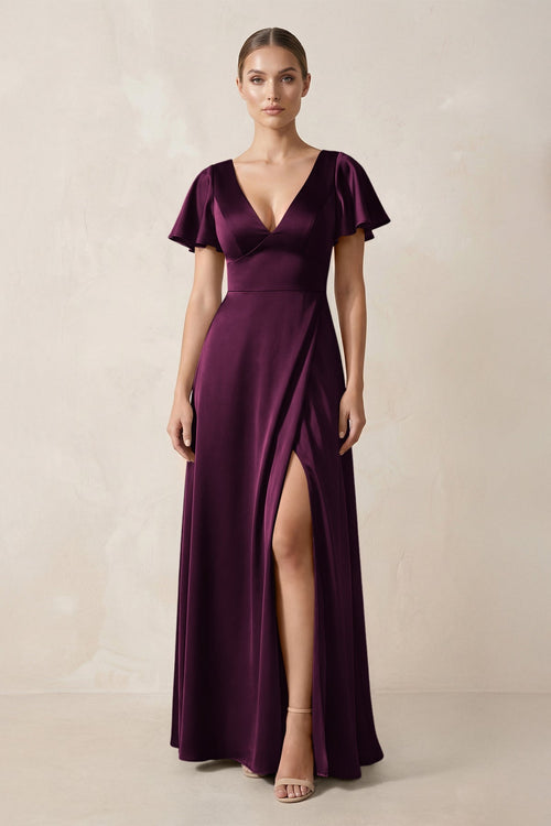 Short Sleeve V - Neck A - Line Satin Bridesmaid Dress With Slit in Sangria - SHE IS ME Bridesmaid Dresses
