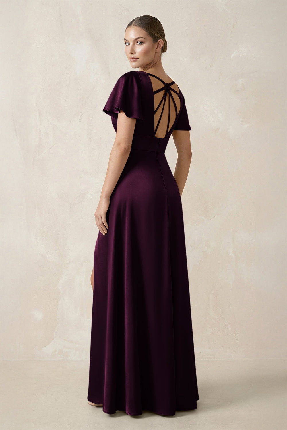 Short Sleeve V - Neck A - Line Satin Bridesmaid Dress With Slit in Sangria - KISS BRIDAL Bridesmaid Dresses