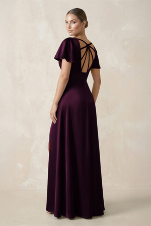 Short Sleeve V - Neck A - Line Satin Bridesmaid Dress With Slit in Sangria - SHE IS ME Bridesmaid Dresses