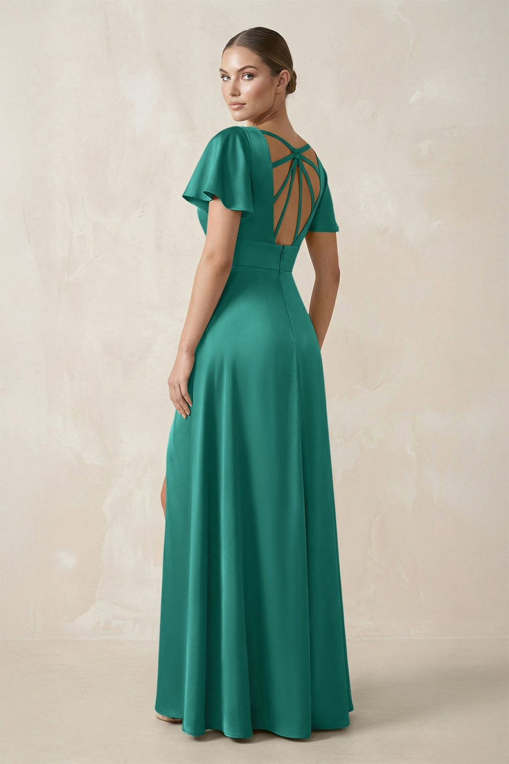 Short Sleeve V - Neck A - Line Satin Bridesmaid Dress With Slit in Sea Glass - KISS BRIDAL Bridesmaid Dresses
