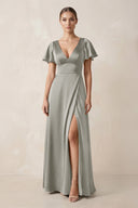 Short Sleeve V - Neck A - Line Satin Bridesmaid Dress With Slit in Silver - KISS BRIDAL Bridesmaid Dresses
