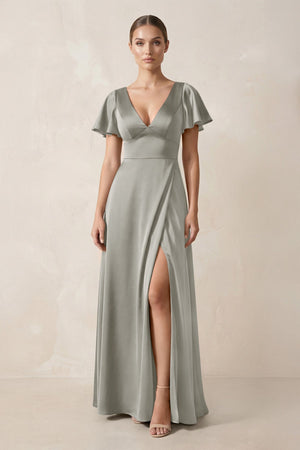 Short Sleeve V - Neck A - Line Satin Bridesmaid Dress With Slit in Silver - KISS BRIDAL Bridesmaid Dresses