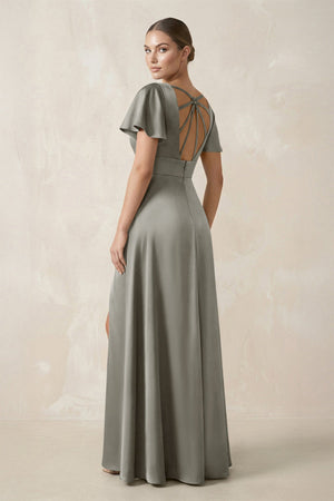 Short Sleeve V - Neck A - Line Satin Bridesmaid Dress With Slit in Silver - KISS BRIDAL Bridesmaid Dresses
