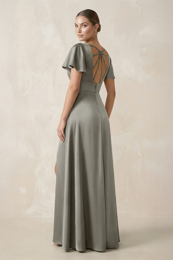 Short Sleeve V - Neck A - Line Satin Bridesmaid Dress With Slit in Silver - KISS BRIDAL Bridesmaid Dresses