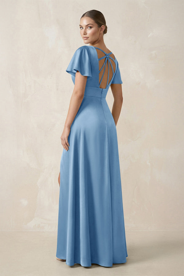 Short Sleeve V - Neck A - Line Satin Bridesmaid Dress With Slit in Sky Blue - SHE IS ME Bridesmaid Dresses