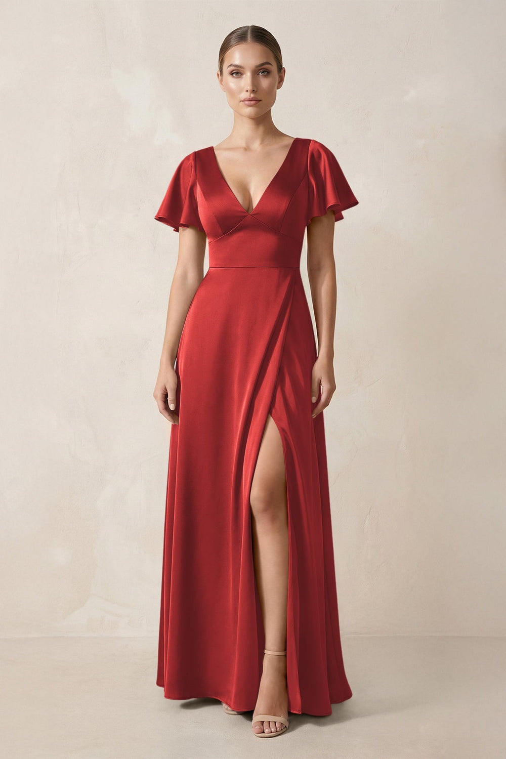 Short Sleeve V - Neck A - Line Satin Bridesmaid Dress With Slit in Spice - KISS BRIDAL Bridesmaid Dresses