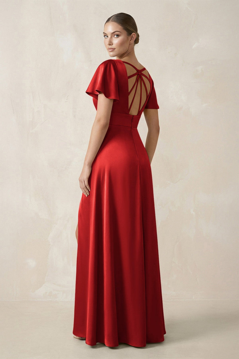 Short Sleeve V - Neck A - Line Satin Bridesmaid Dress With Slit in Spice - KISS BRIDAL Bridesmaid Dresses