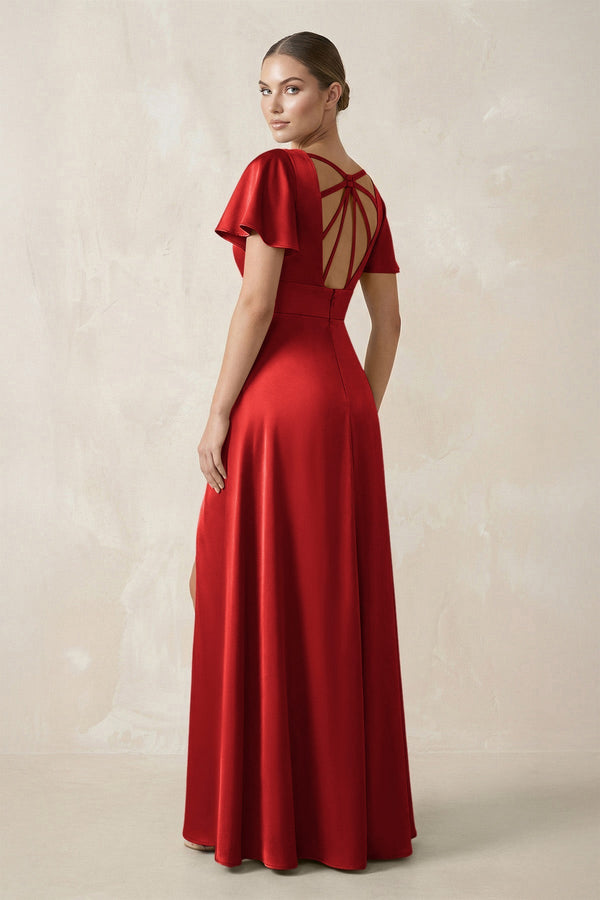 Short Sleeve V - Neck A - Line Satin Bridesmaid Dress With Slit in Spice - KISS BRIDAL Bridesmaid Dresses