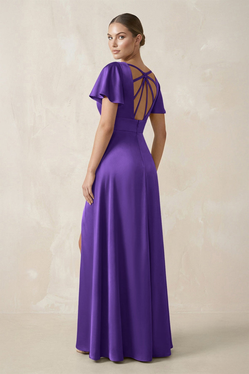 Short Sleeve V - Neck A - Line Satin Bridesmaid Dress With Slit in Tahiti - KISS BRIDAL Bridesmaid Dresses