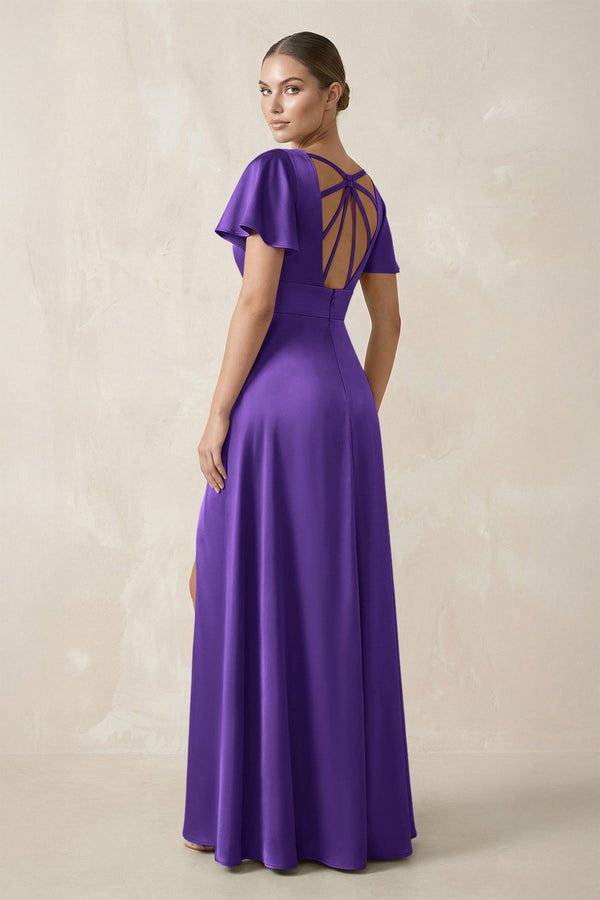 Short Sleeve V - Neck A - Line Satin Bridesmaid Dress With Slit in Tahiti - KISS BRIDAL Bridesmaid Dresses