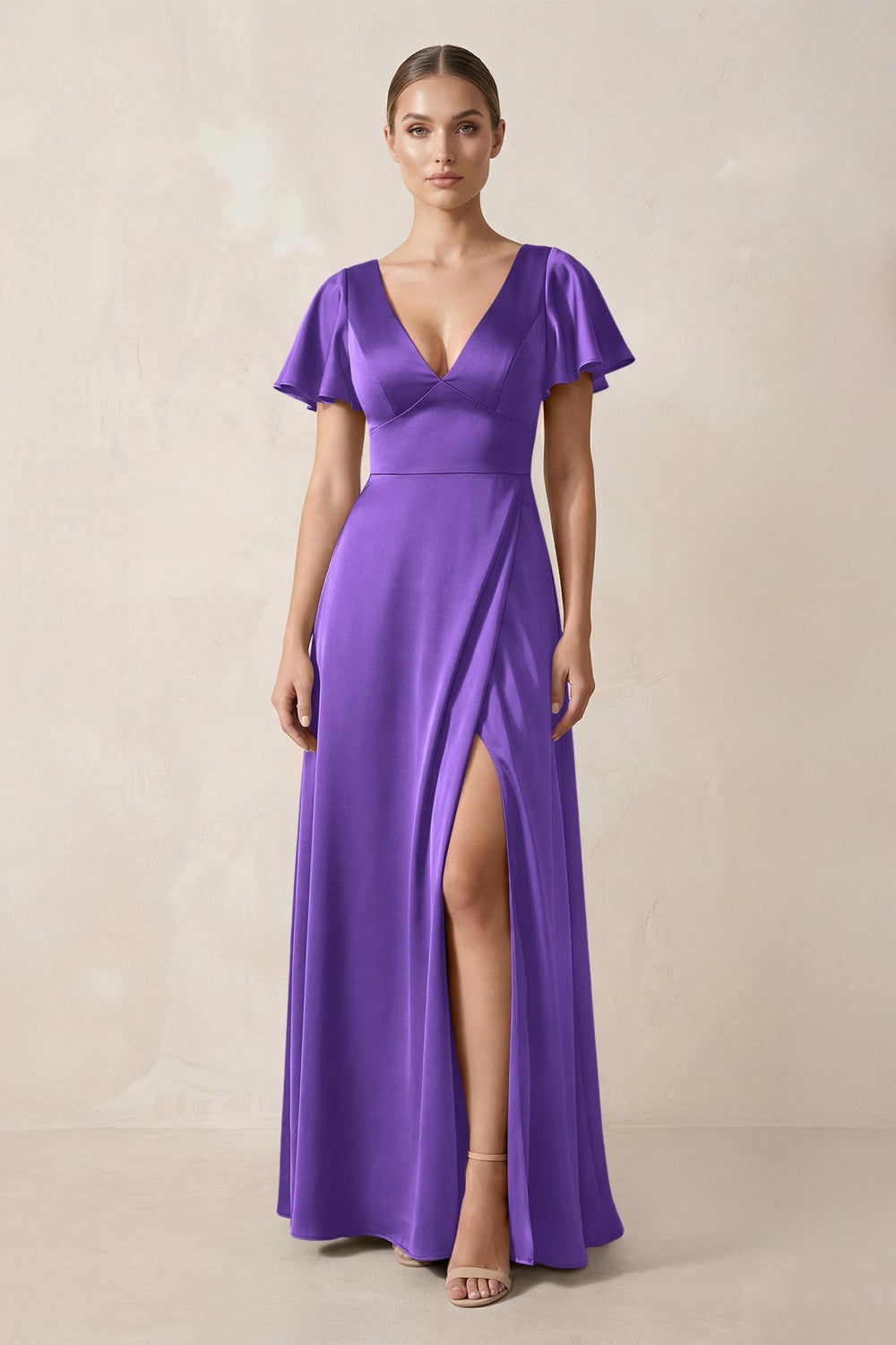 Short Sleeve V - Neck A - Line Satin Bridesmaid Dress With Slit in Tahiti - KISS BRIDAL Bridesmaid Dresses