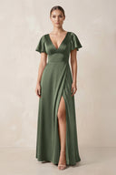 Short Sleeve V - Neck A - Line Satin Bridesmaid Dress With Slit in Thyme - KISS BRIDAL Bridesmaid Dresses