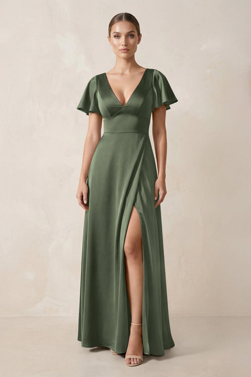 Short Sleeve V - Neck A - Line Satin Bridesmaid Dress With Slit in Thyme - KISS BRIDAL Bridesmaid Dresses