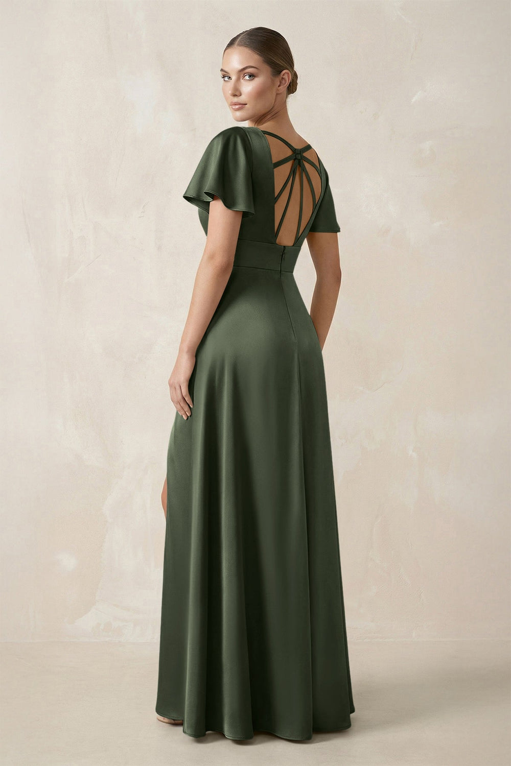 Short Sleeve V - Neck A - Line Satin Bridesmaid Dress With Slit in Thyme - KISS BRIDAL Bridesmaid Dresses