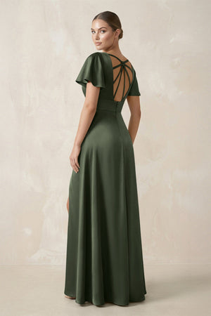 Short Sleeve V - Neck A - Line Satin Bridesmaid Dress With Slit in Thyme - KISS BRIDAL Bridesmaid Dresses