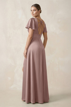 Short Sleeve V - Neck A - Line Satin Bridesmaid Dress With Slit in Toffee - SHE IS ME Bridesmaid Dresses