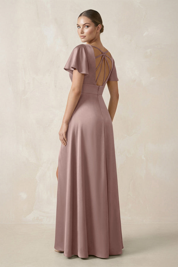 Short Sleeve V - Neck A - Line Satin Bridesmaid Dress With Slit in Toffee - SHE IS ME Bridesmaid Dresses