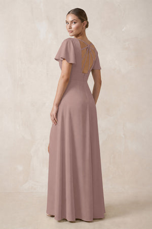 Short Sleeve V-Neck A-Line Satin Bridesmaid Dress With Slit in Toffee (2) | KISSBRIDAL