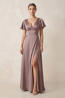 Short Sleeve V - Neck A - Line Satin Bridesmaid Dress With Slit in Toffee - SHE IS ME Bridesmaid Dresses