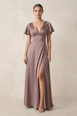 Short Sleeve V - Neck A - Line Satin Bridesmaid Dress With Slit in Toffee - KISS BRIDAL Bridesmaid Dresses