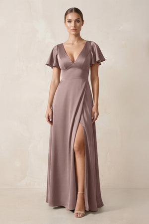 Short Sleeve V - Neck A - Line Satin Bridesmaid Dress With Slit in Toffee - SHE IS ME Bridesmaid Dresses