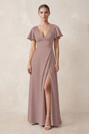 Short Sleeve V-Neck A-Line Satin Bridesmaid Dress With Slit in Toffee | KISSBRIDAL