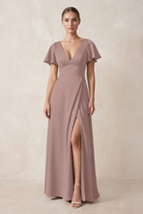 Short Sleeve V-Neck A-Line Satin Bridesmaid Dress With Slit in Toffee | KISSBRIDAL