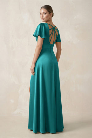 Short Sleeve V - Neck A - Line Satin Bridesmaid Dress With Slit in Turquoise - SHE IS ME Bridesmaid Dresses