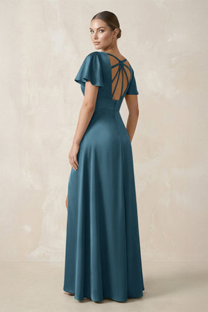 Short Sleeve V - Neck A - Line Satin Bridesmaid Dress With Slit in Twilight - KISS BRIDAL Bridesmaid Dresses