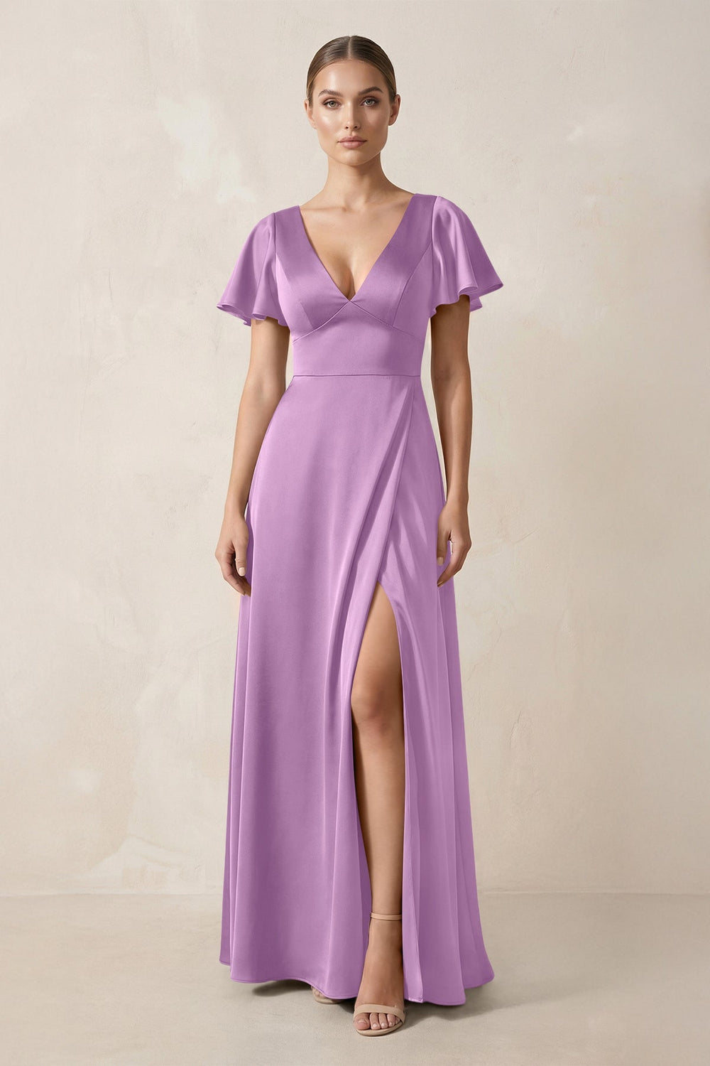 Short Sleeve V - Neck A - Line Satin Bridesmaid Dress With Slit in Vintage Mauve - KISS BRIDAL Bridesmaid Dresses