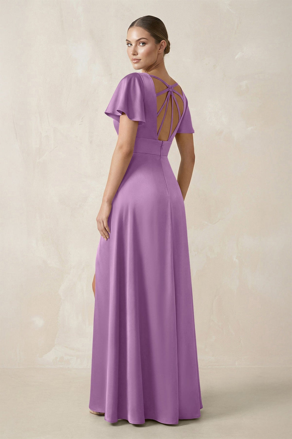 Short Sleeve V - Neck A - Line Satin Bridesmaid Dress With Slit in Vintage Mauve - KISS BRIDAL Bridesmaid Dresses