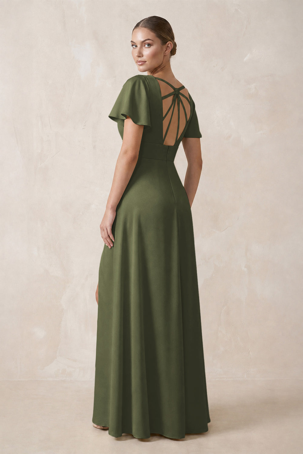 Short Sleeve V-Neck A-Line Satin Bridesmaid Dress With Slit in Willow Green