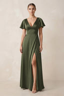 Short Sleeve V - Neck A - Line Satin Bridesmaid Dress With Slit in Willow Green - SHE IS ME Bridesmaid Dresses