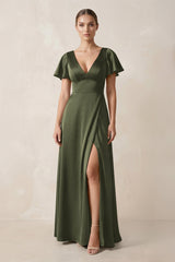 Short Sleeve V - Neck A - Line Satin Bridesmaid Dress With Slit in Willow Green - KISS BRIDAL Bridesmaid Dresses