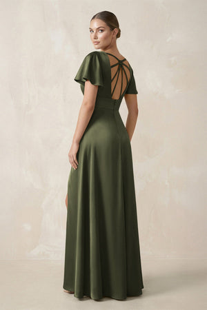 Short Sleeve V - Neck A - Line Satin Bridesmaid Dress With Slit in Willow Green - SHE IS ME Bridesmaid Dresses