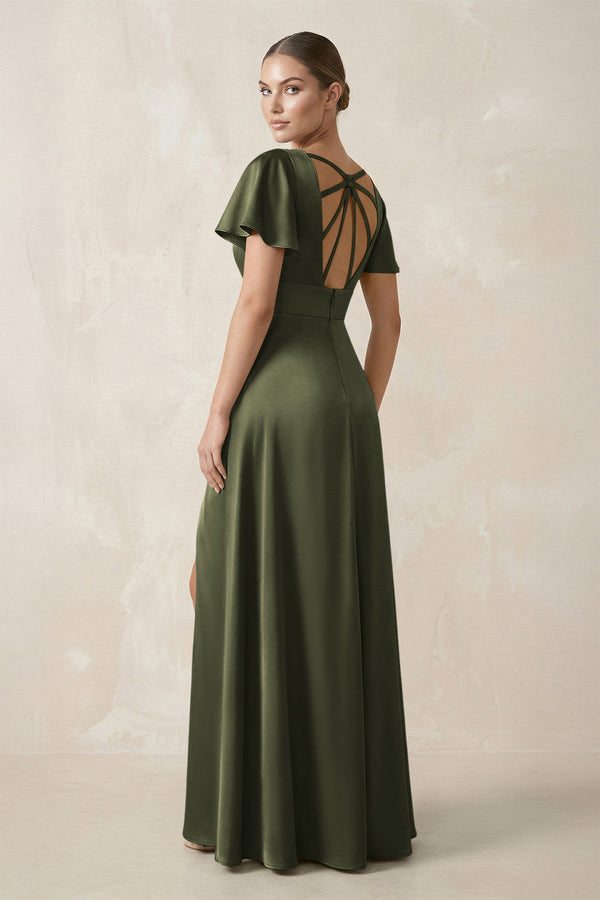 Short Sleeve V - Neck A - Line Satin Bridesmaid Dress With Slit in Willow Green - SHE IS ME Bridesmaid Dresses