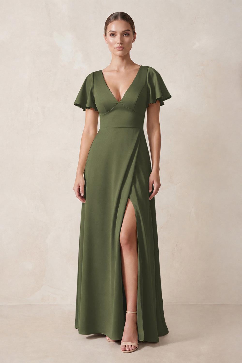 Short Sleeve V-Neck A-Line Satin Bridesmaid Dress With Slit in Willow Green