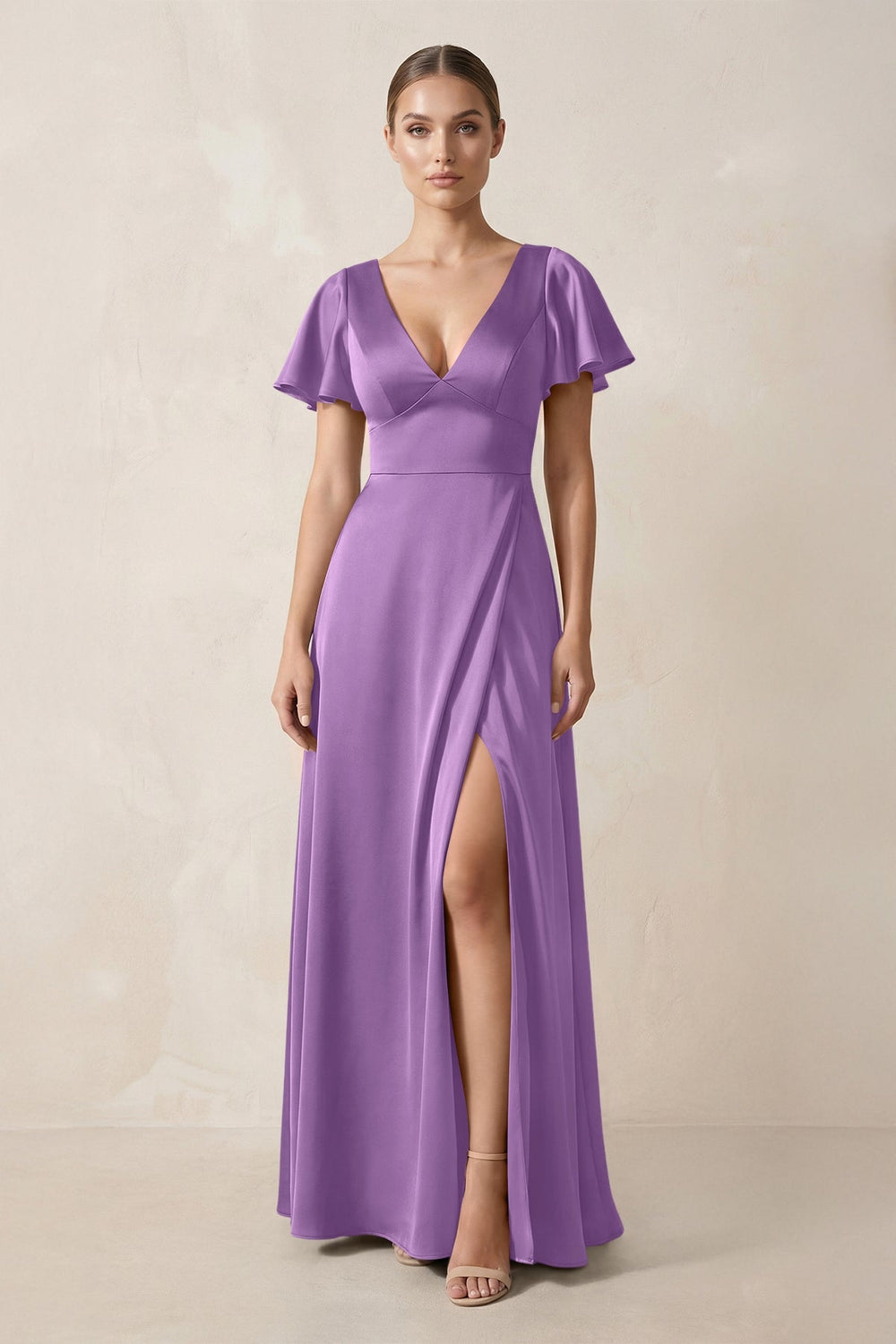 Short Sleeve V - Neck A - Line Satin Bridesmaid Dress With Slit in Wisteria - KISS BRIDAL Bridesmaid Dresses