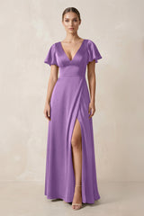 Short Sleeve V - Neck A - Line Satin Bridesmaid Dress With Slit in Wisteria - KISS BRIDAL Bridesmaid Dresses