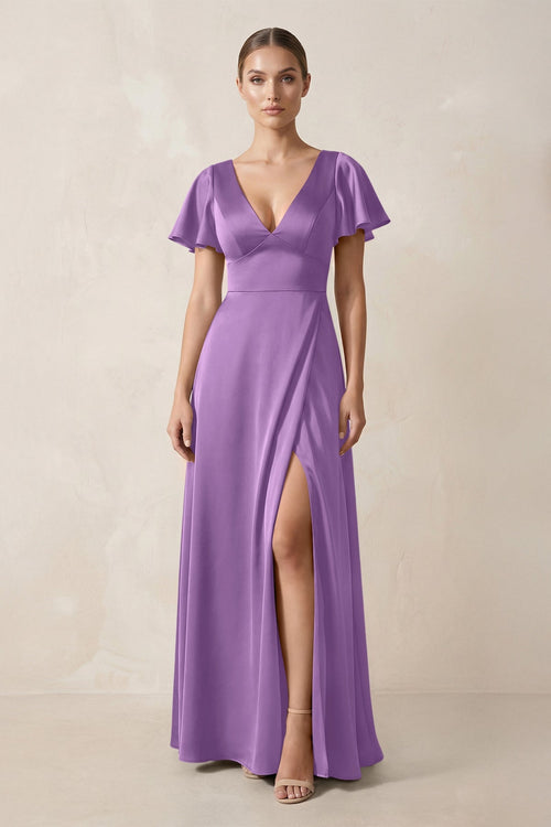 Short Sleeve V - Neck A - Line Satin Bridesmaid Dress With Slit in Wisteria - KISS BRIDAL Bridesmaid Dresses