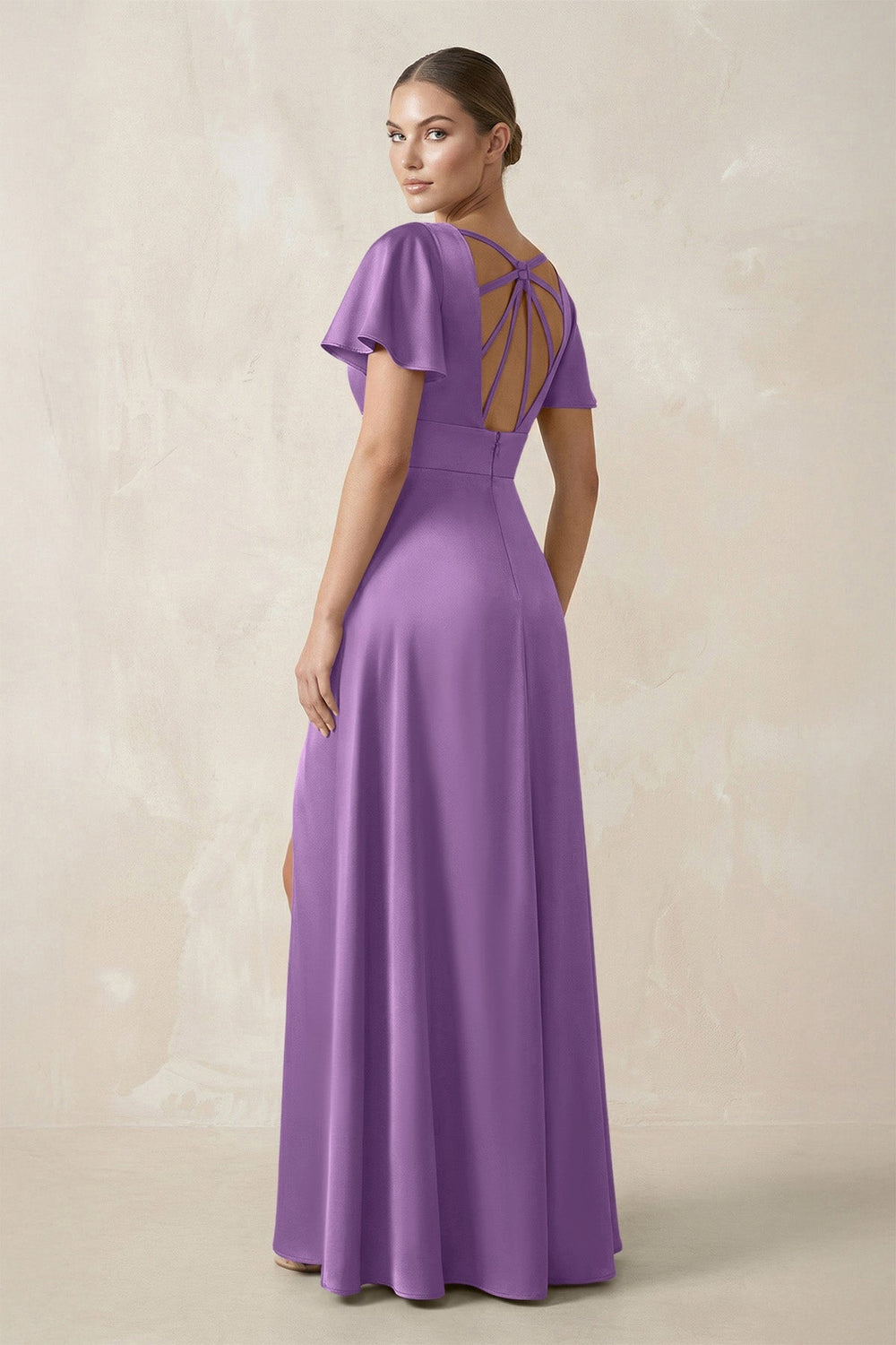 Short Sleeve V - Neck A - Line Satin Bridesmaid Dress With Slit in Wisteria - KISS BRIDAL Bridesmaid Dresses