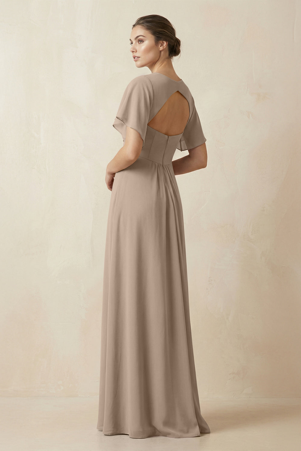 Short Sleeve V-Neck Chiffon A-Line Bridesmaid Dress in Almond
