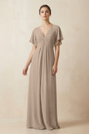 Short Sleeve V-Neck Chiffon A-Line Bridesmaid Dress in Almond | KISSBRIDAL