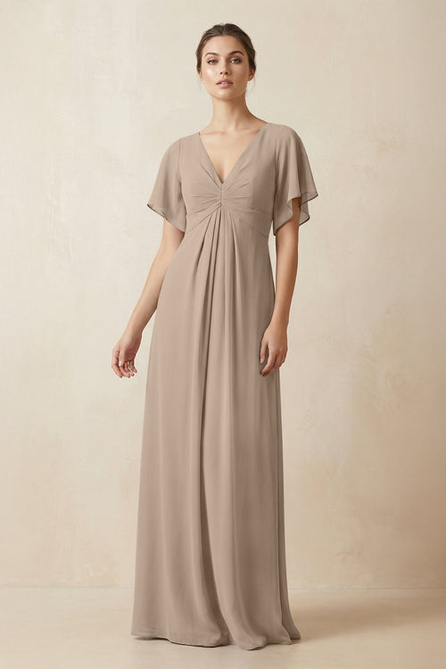 Short Sleeve V-Neck Chiffon A-Line Bridesmaid Dress in Almond | KISSBRIDAL