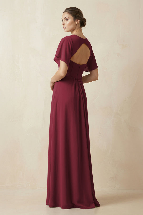 Short Sleeve V-Neck Chiffon A-Line Bridesmaid Dress in Berry (2) | KISSBRIDAL