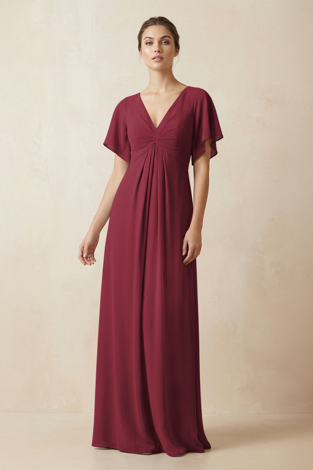 Short Sleeve V-Neck Chiffon A-Line Bridesmaid Dress in Berry