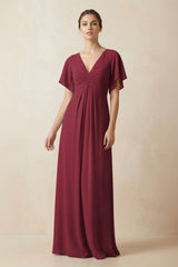 Short Sleeve V-Neck Chiffon A-Line Bridesmaid Dress in Berry | KISSBRIDAL
