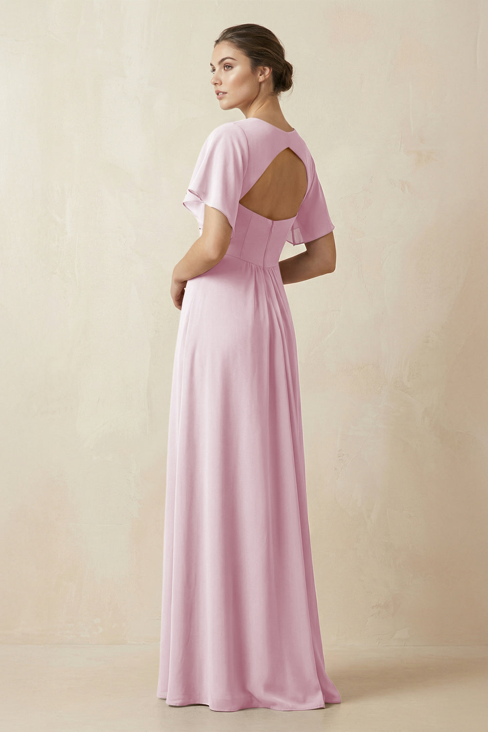 Short Sleeve V-Neck Chiffon A-Line Bridesmaid Dress in Candy Pink