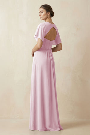 Short Sleeve V-Neck Chiffon A-Line Bridesmaid Dress in Candy Pink (2) | KISSBRIDAL