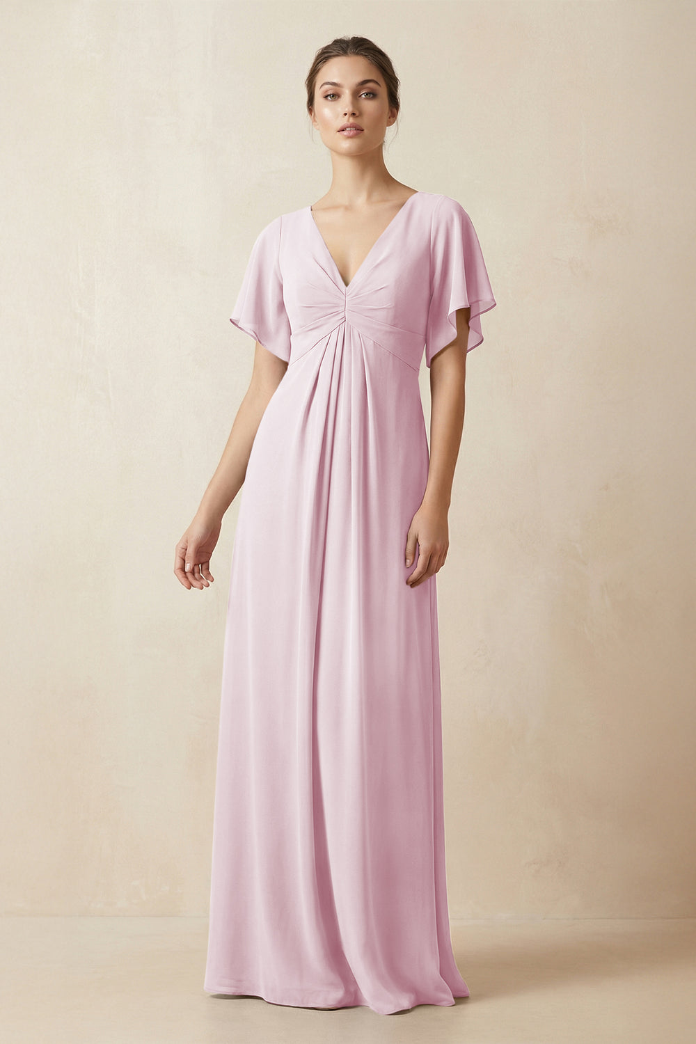 Short Sleeve V-Neck Chiffon A-Line Bridesmaid Dress in Candy Pink